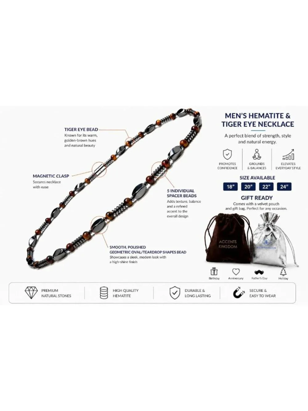 Men's Tiger Eye & Hematite Beaded Necklace - Natural Stone Jewelry, Magnetic